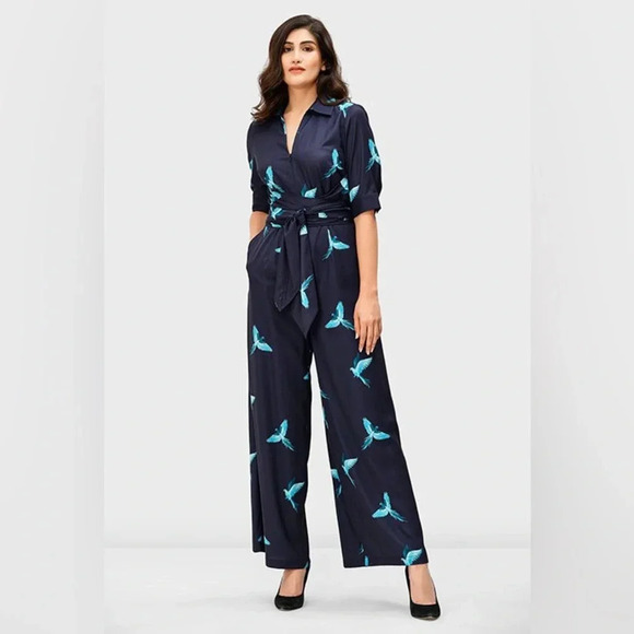 Wayward Fancies EShakti Wide Leg Bird Jumpsuit Navy Blue M Belted Pockets - Picture 4 of 14